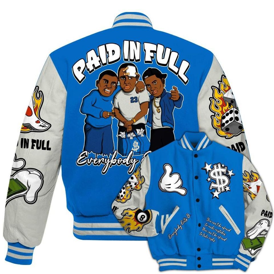 Blueberry 12s Varsity Jacket, Streetwear Varsity Jackets, Everybody Paid In Full Graphic Varsity Jacket