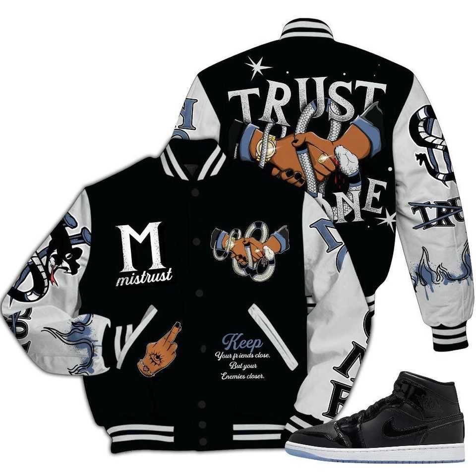 Mid Space Jam 1s Varsity Jacket, Streetwear Varsity Jackets, Trust No One Snake-Bite Street Style Varsity Jackets