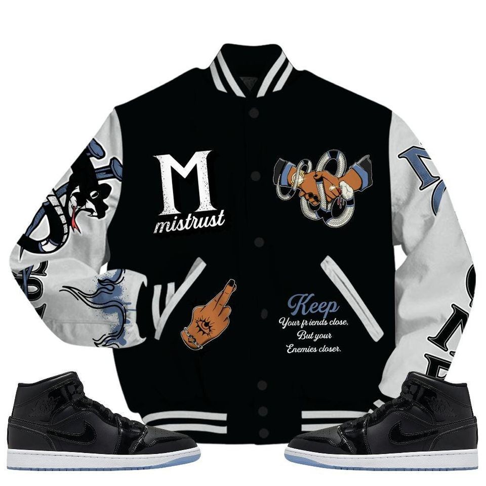 Mid Space Jam 1s Varsity Jacket, Streetwear Varsity Jackets, Trust No One Snake-Bite Street Style Varsity Jackets