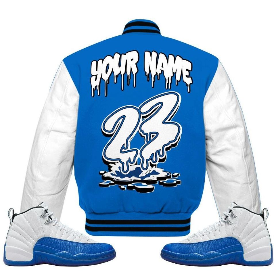 Blueberry 12s Varsity Jacket, Streetwear Varsity Jackets, Custom 23 Drip All Over Print Letterman Jackets