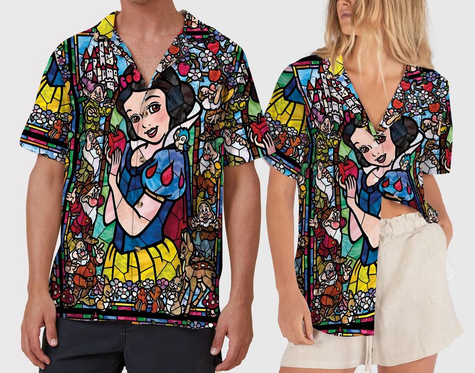 Stained Glass Snow White  Hawaiian Shirt, Retro Snow White & The Seven Dwarfs Floral Button Up Shirt, Magic Kingdom Disney Princess Shirt