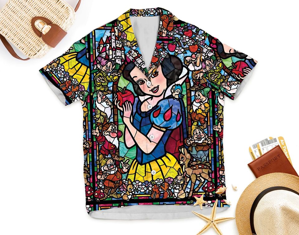 Stained Glass Snow White  Hawaiian Shirt, Retro Snow White & The Seven Dwarfs Floral Button Up Shirt, Magic Kingdom Disney Princess Shirt