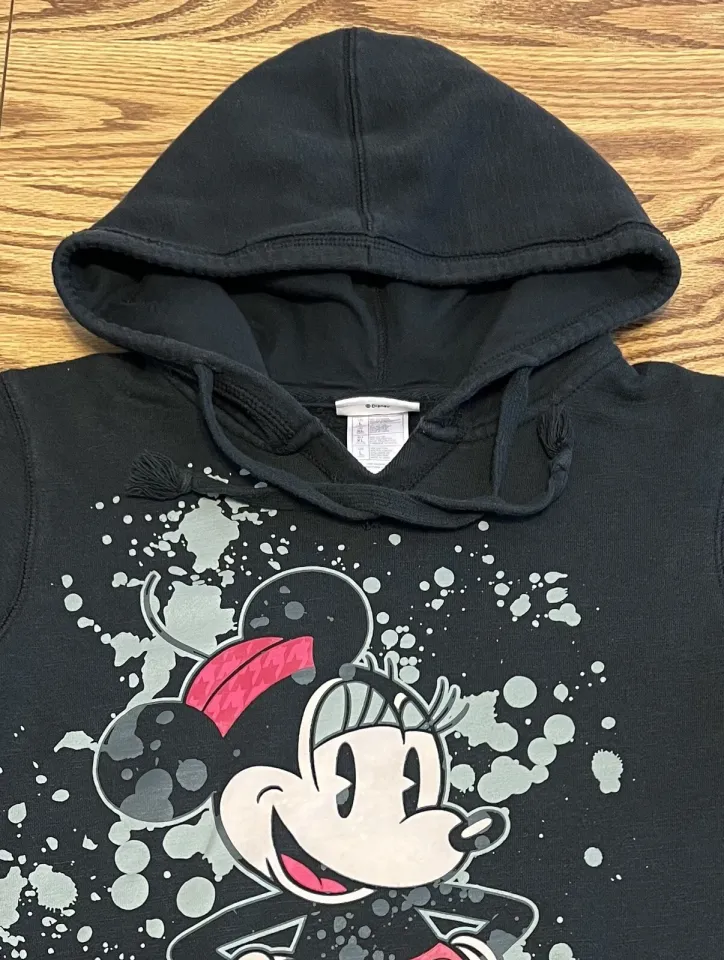 Disney Parks Womens L Hoodie Minnie Mouse 3-D Graphic Black Pullover Sweatshirt