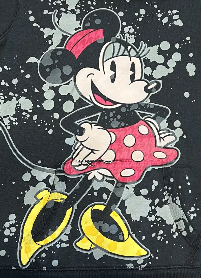 Disney Parks Womens L Hoodie Minnie Mouse 3-D Graphic Black Pullover Sweatshirt