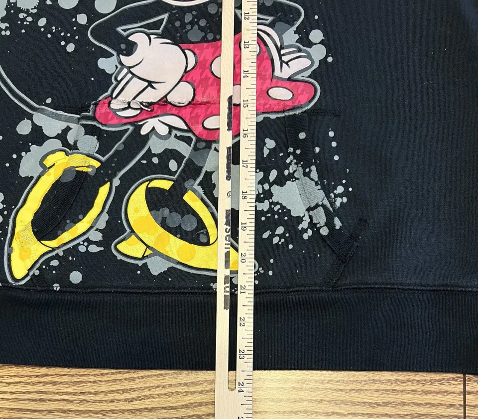 Disney Parks Womens L Hoodie Minnie Mouse 3-D Graphic Black Pullover Sweatshirt