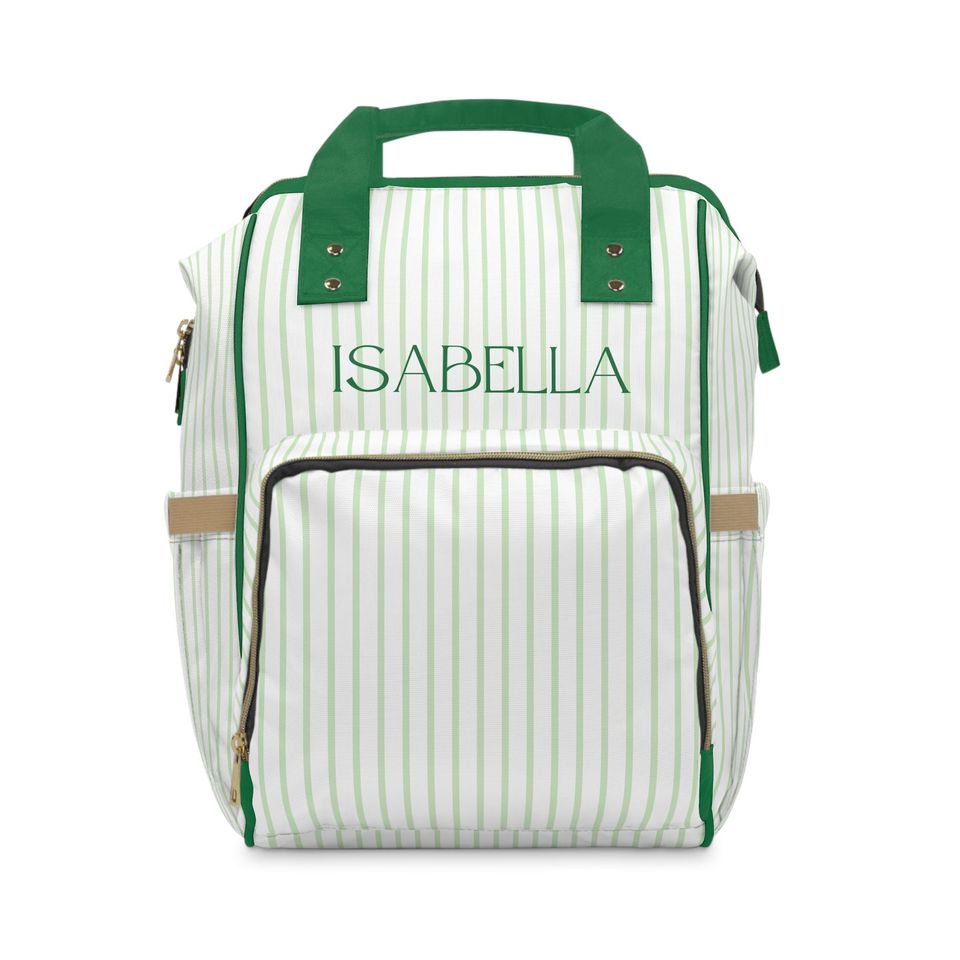 Green Striped Multifunctional Backpack / Diaper Backpack / Monogrammed School Bag Hospital Bag Personalized Gift
