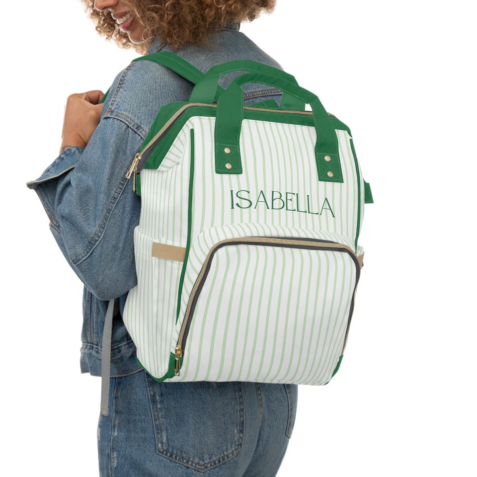 Green Striped Multifunctional Backpack / Diaper Backpack / Monogrammed School Bag Hospital Bag Personalized Gift