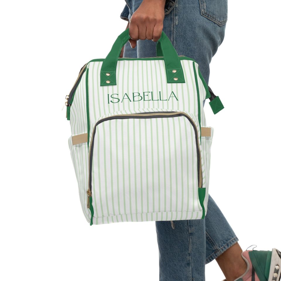 Green Striped Multifunctional Backpack / Diaper Backpack / Monogrammed School Bag Hospital Bag Personalized Gift