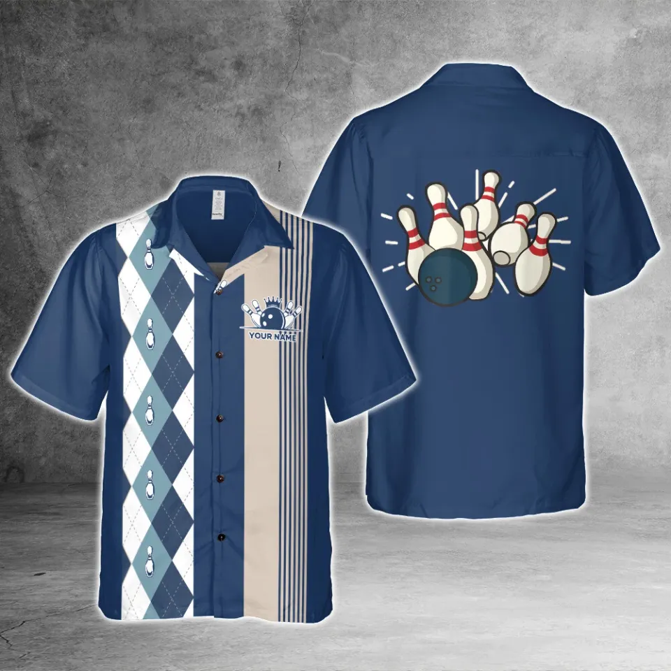 Blue Argyle 1950s Custom Bowling 3D Hawaiian Shirt