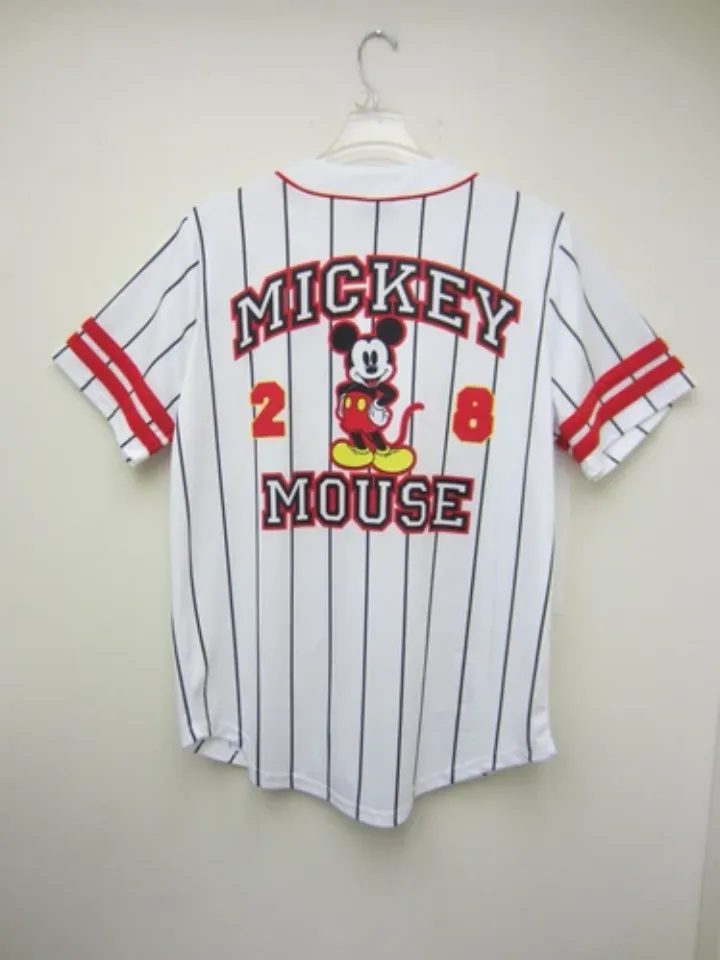 New Mickey Mouse #28 Baseball Jersey White Button Pinstriped Disney Store Mens L