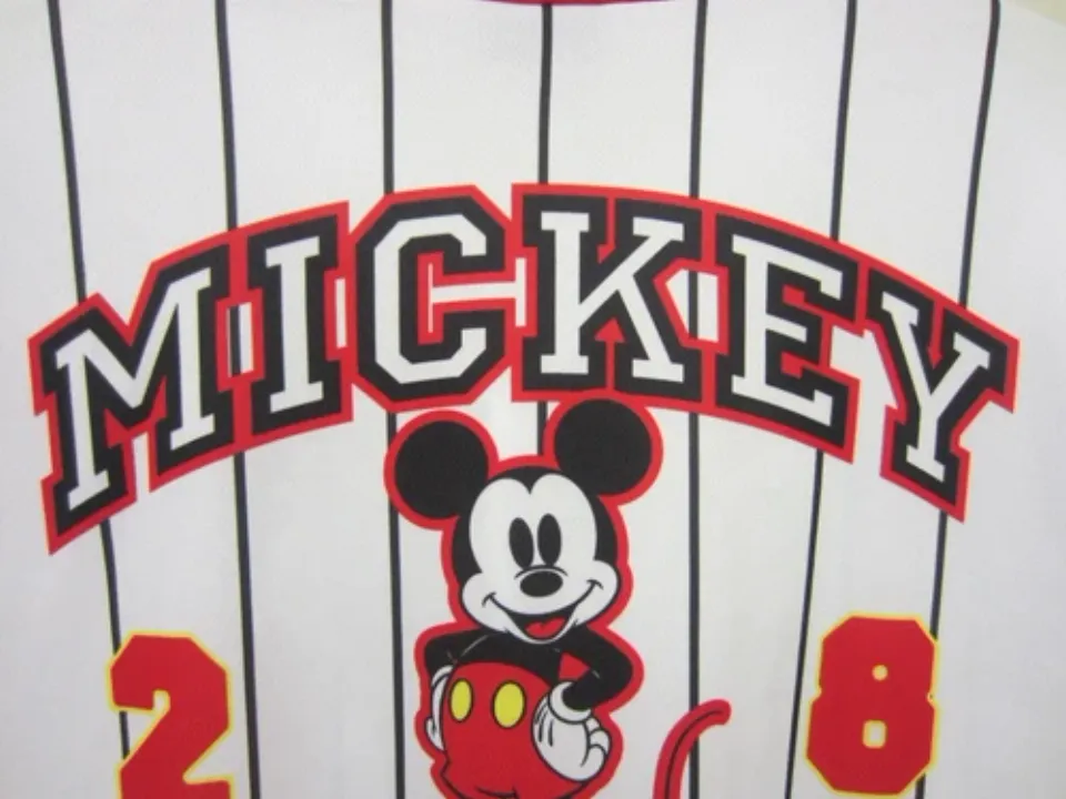 New Mickey Mouse #28 Baseball Jersey White Button Pinstriped Disney Store Mens L