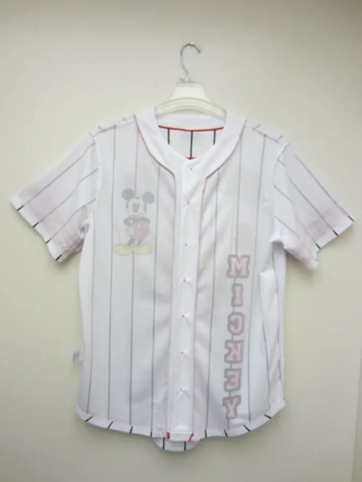 New Mickey Mouse #28 Baseball Jersey White Button Pinstriped Disney Store Mens L