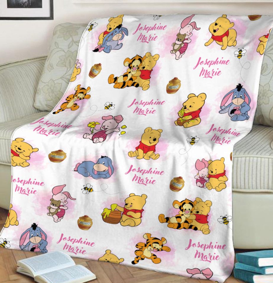 Personalized Winnie Movie The Pooh and Friends Fleece Blanket Pooh Bear Blanket Custom Tigger Piglet Eeyore Blanket Cartoon Pooh Fleece