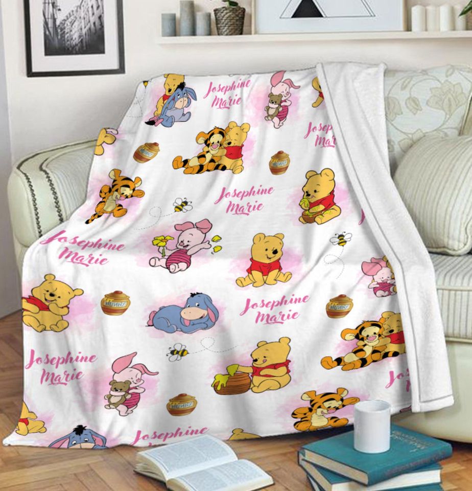 Personalized Winnie Movie The Pooh and Friends Fleece Blanket Pooh Bear Blanket Custom Tigger Piglet Eeyore Blanket Cartoon Pooh Fleece