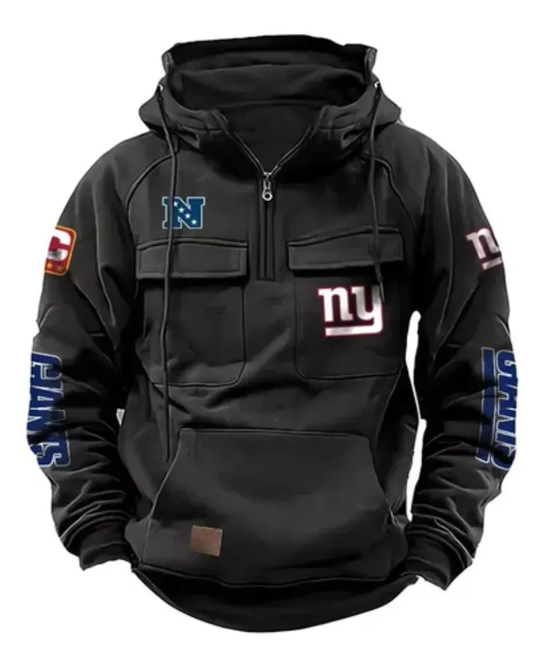 New York Football Team Men's Quarter Zip Cargo Hoodies