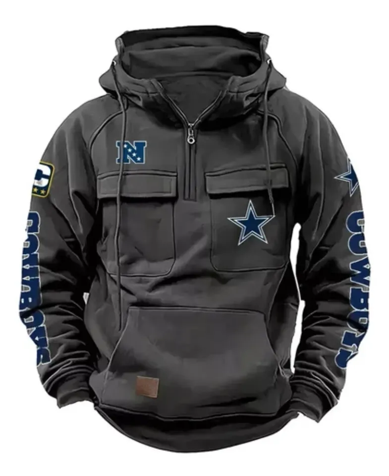 New York Football Team Men's Quarter Zip Cargo Hoodies