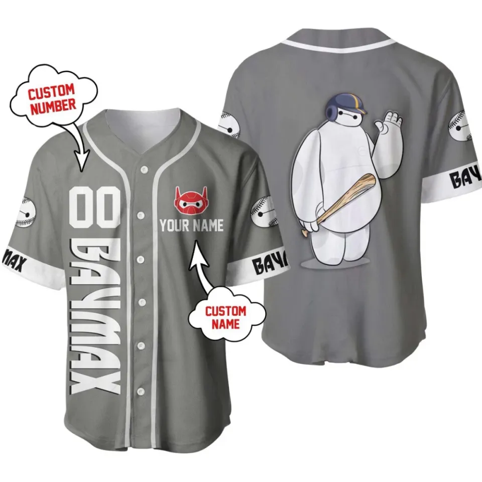 Baymax Big Hero Grey White Disney Unisex Cartoon Custom Baseball Jersey