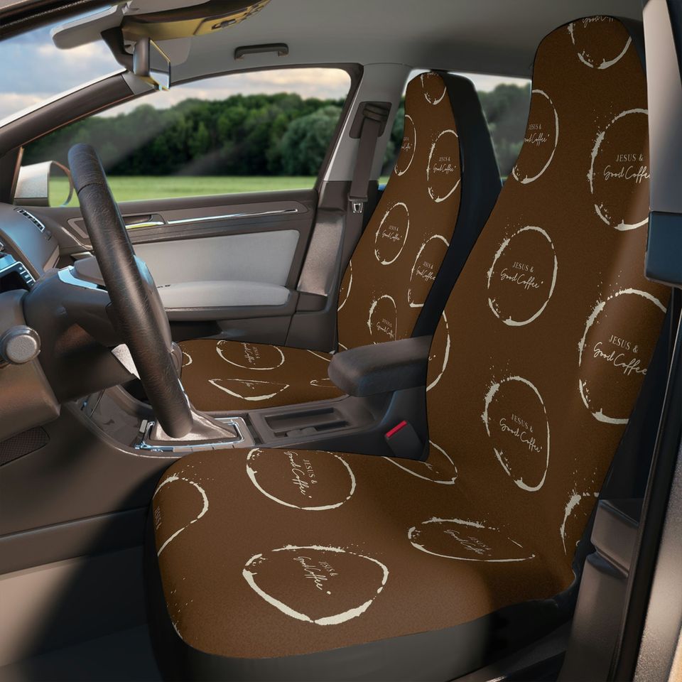 Jesus and Good Coffee Car Seat Covers, set of 2, brown, tan