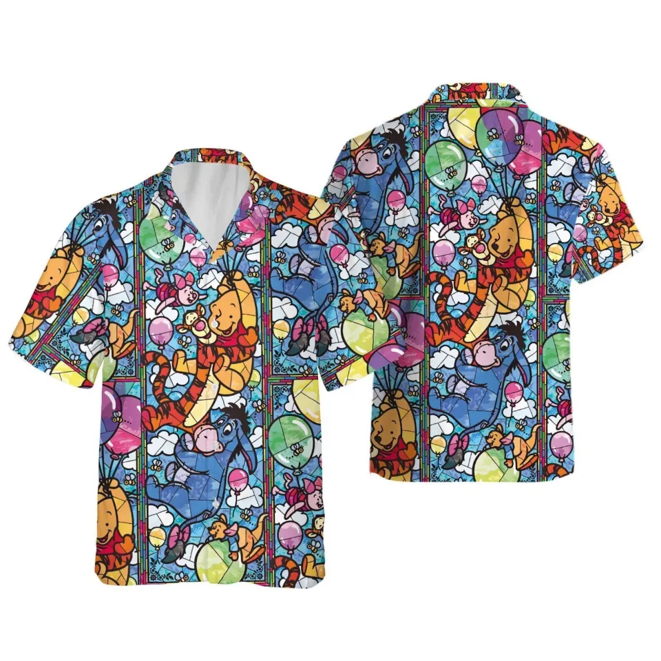 Pooh Bear Friends Stained Glass Pattern Winnie The Pooh 3D HAWAII SHIRT
