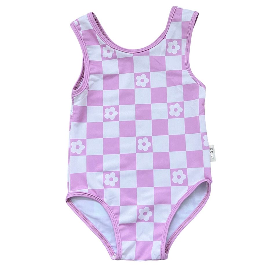 NEW! Purple Daisy Check One Piece Bathing Suit, Baby/Toddler/Kid Bathing Suit, Swimsuit, Girl Swimsuit