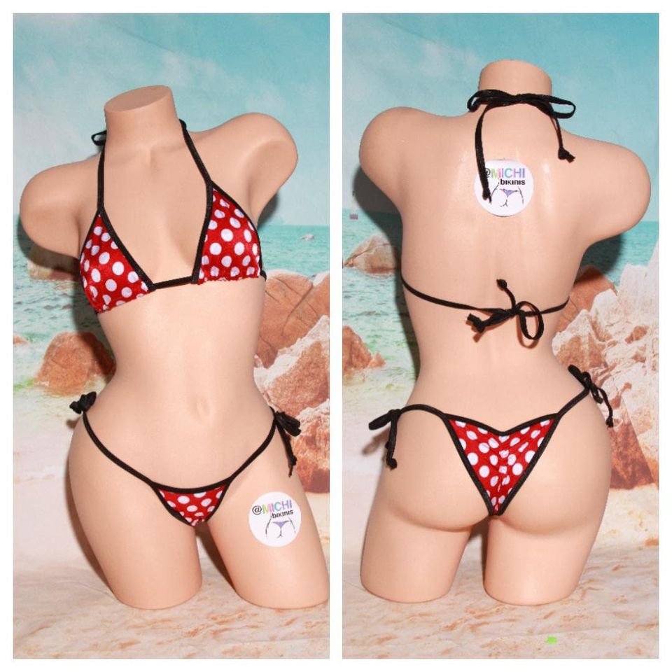 Red with White Polka Dots with Black Trim Medium Coverage Top Scrunch Butt String Bikini 2 Piece Set One Size