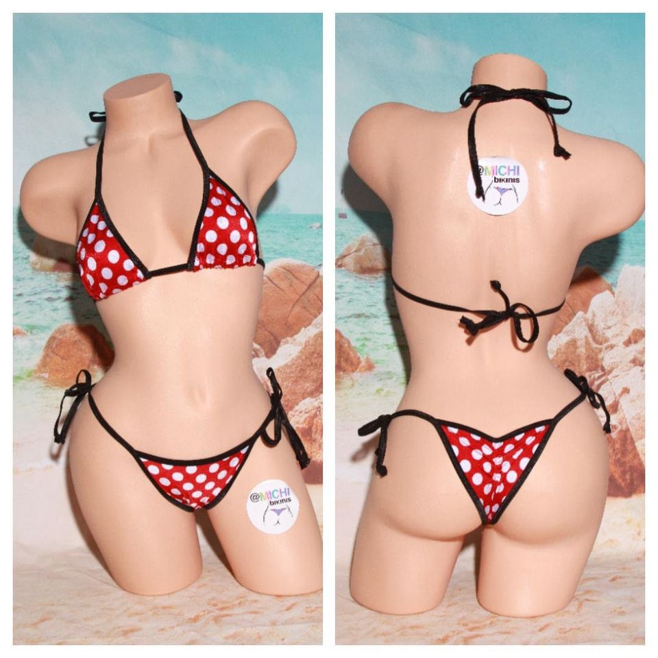 Red with White Polka Dots with Black Trim Medium Coverage Top Scrunch Butt String Bikini 2 Piece Set One Size