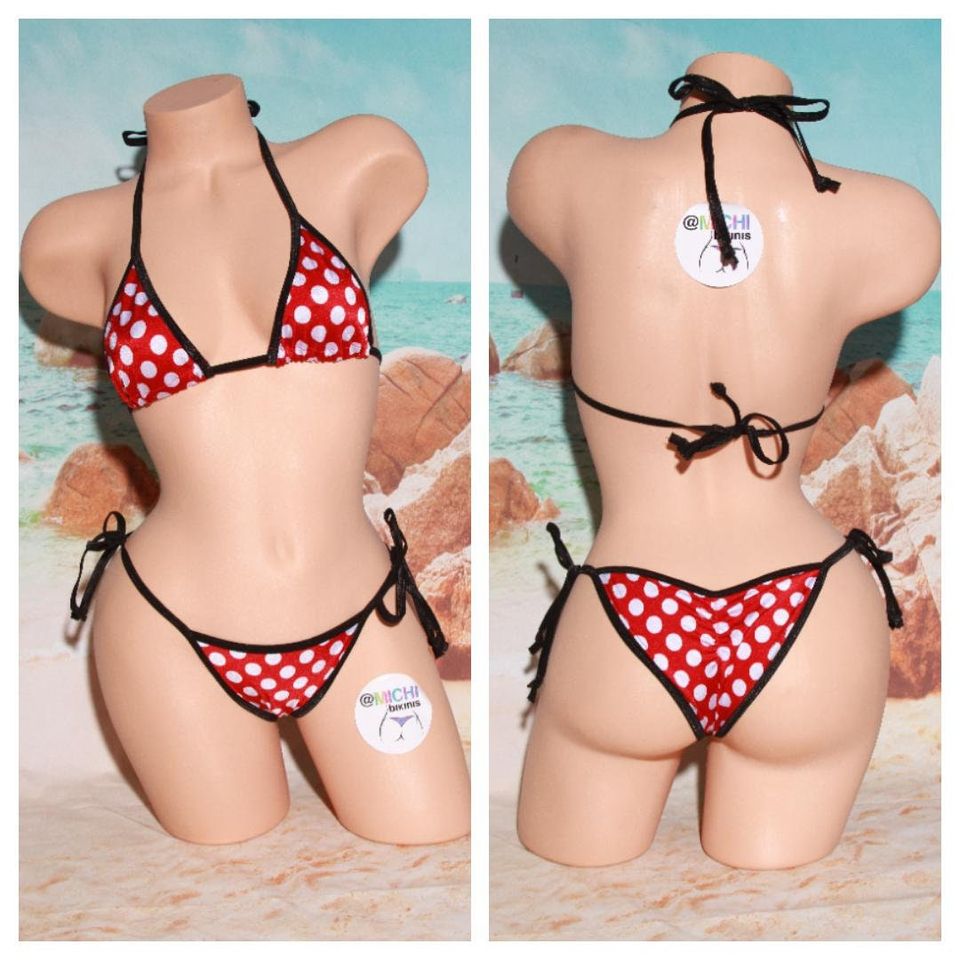Red with White Polka Dots with Black Trim Medium Coverage Top Scrunch Butt String Bikini 2 Piece Set One Size