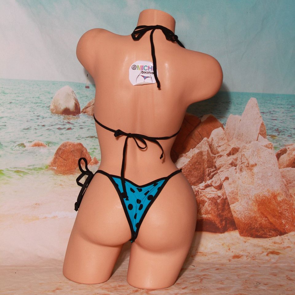 Neon Blue with Black Polka Dots with Black Trim Micro Coverage Top Scrunch Butt Bottom String Bikini 2 Piece Set One Size