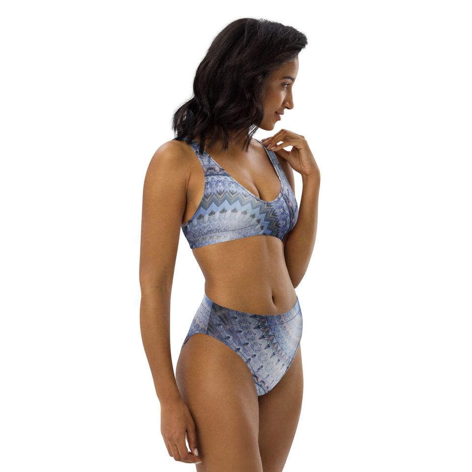 Blue women's two piece swimsuit with a modern blue design