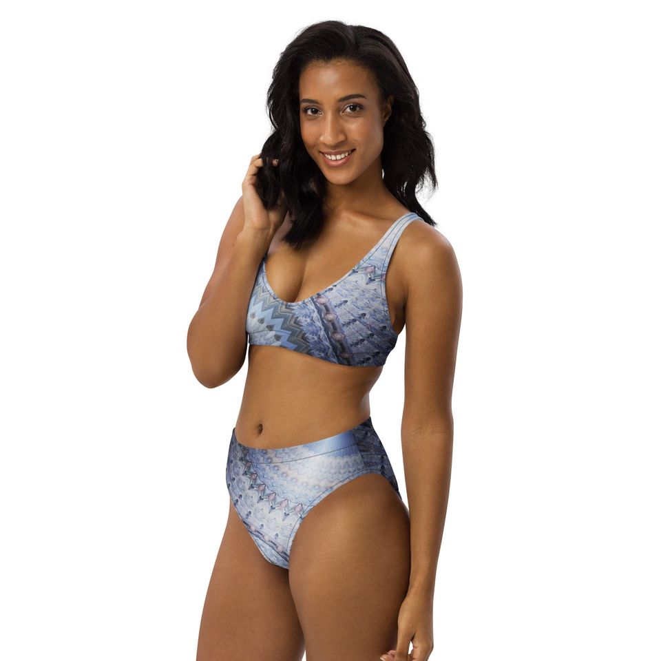 Blue women's two piece swimsuit with a modern blue design