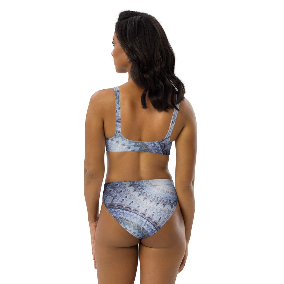 Blue women's two piece swimsuit with a modern blue design