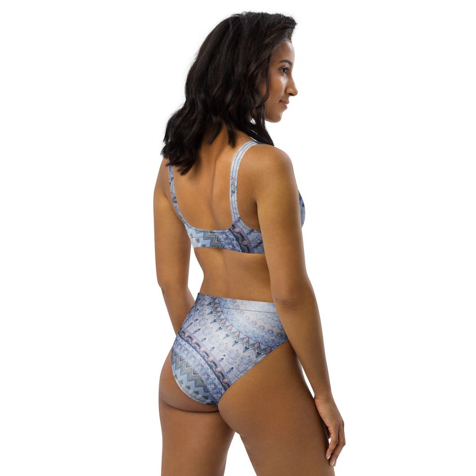 Blue women's two piece swimsuit with a modern blue design
