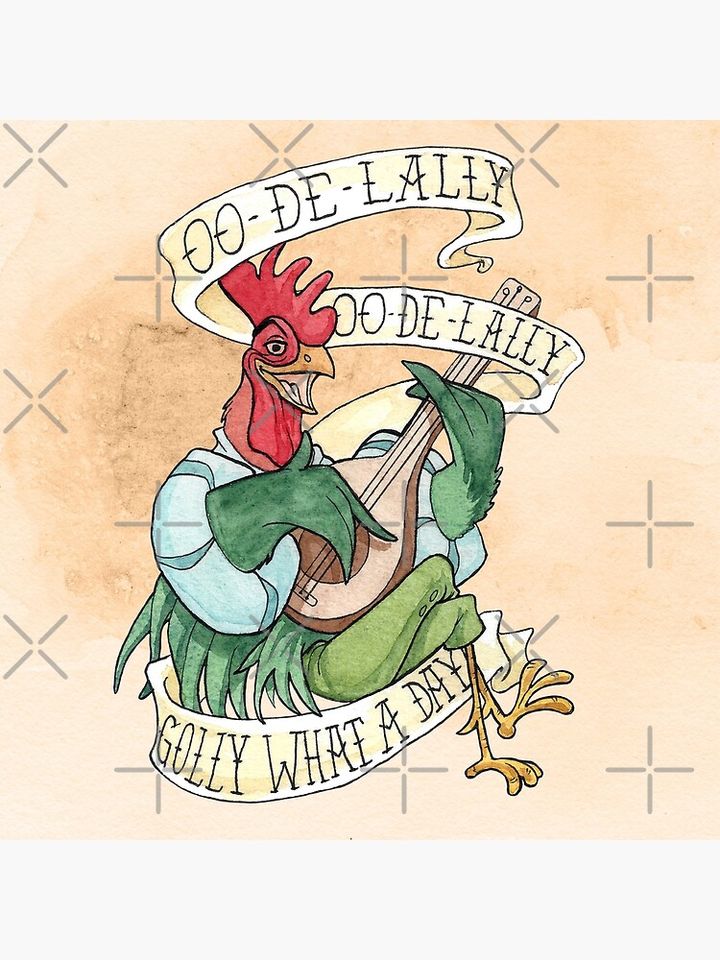 Alan-A-Dale Rooster : OO-De-Lally Golly What A Day Tattoo Watercolor Painting Robin Hood Pillow
