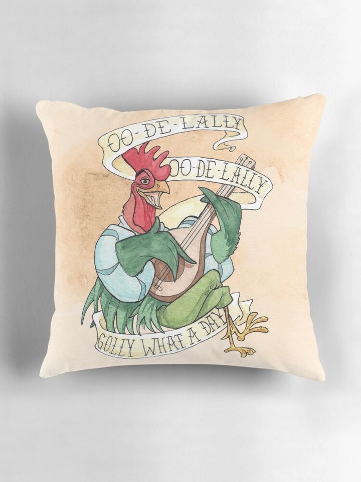 Alan-A-Dale Rooster : OO-De-Lally Golly What A Day Tattoo Watercolor Painting Robin Hood Pillow