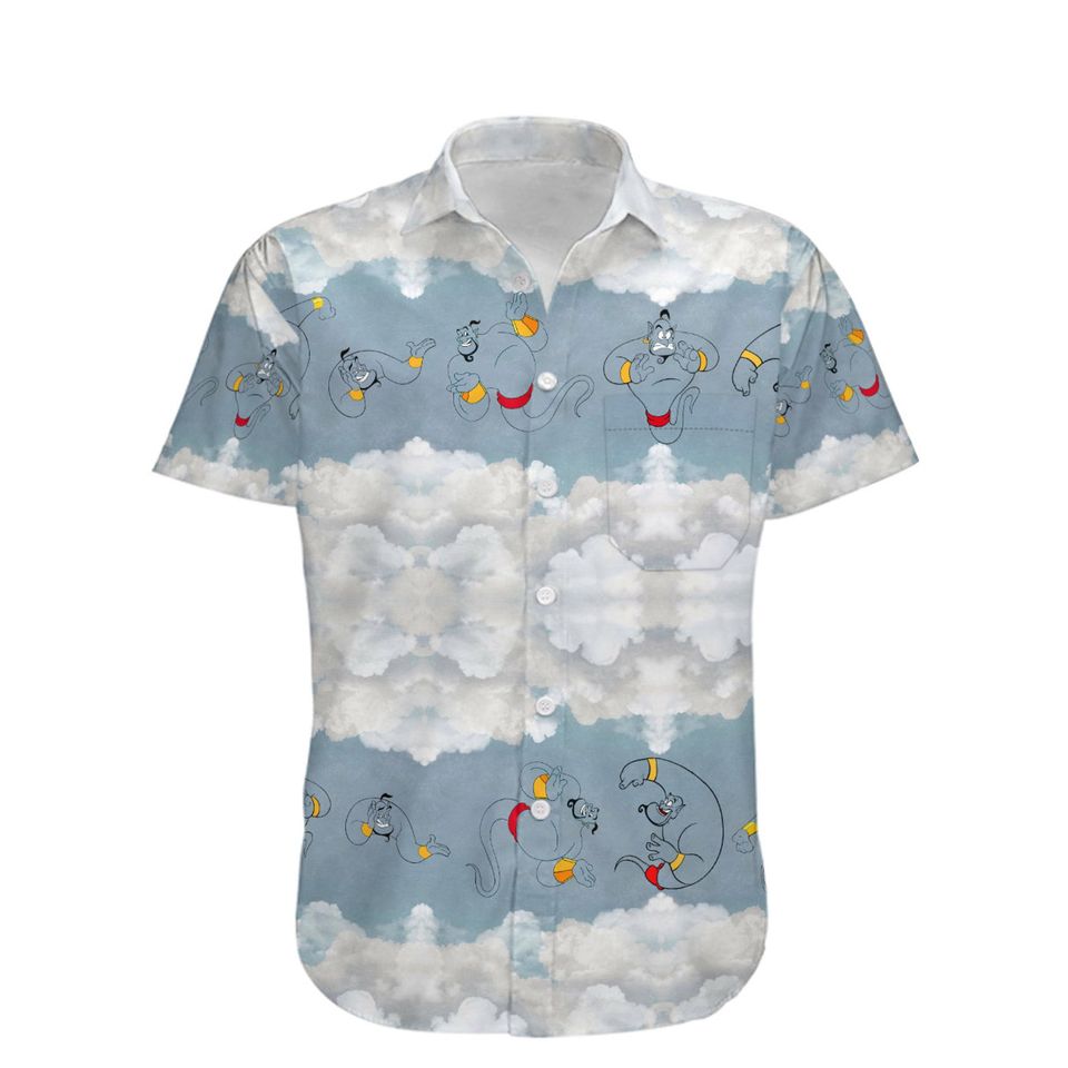 Genie Aladdin Gray Blue Cloud Pattern Disney Hawaiian Shirt