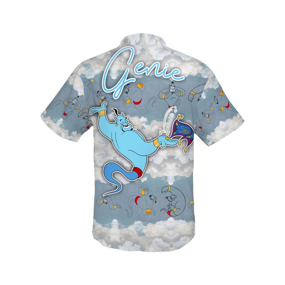 Genie Aladdin Gray Blue Cloud Pattern Disney Hawaiian Shirt
