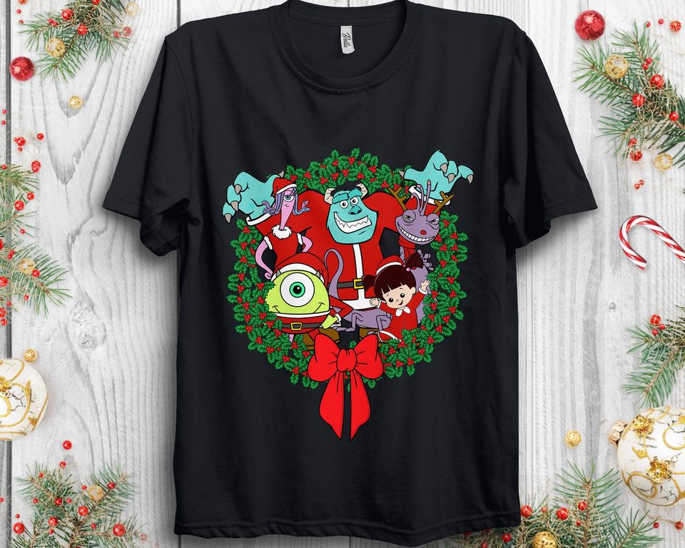 Disney Monsters Inc Group Shot Christmas Wreath Sweatshirt, Mike, Sulley Sweatshirt