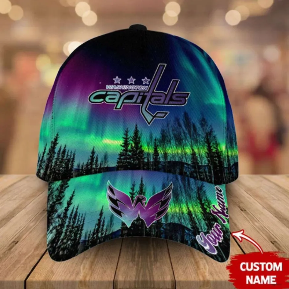 Personalized Washington Capitals Baseball Cap Northern Lights Hockey Hat Gift