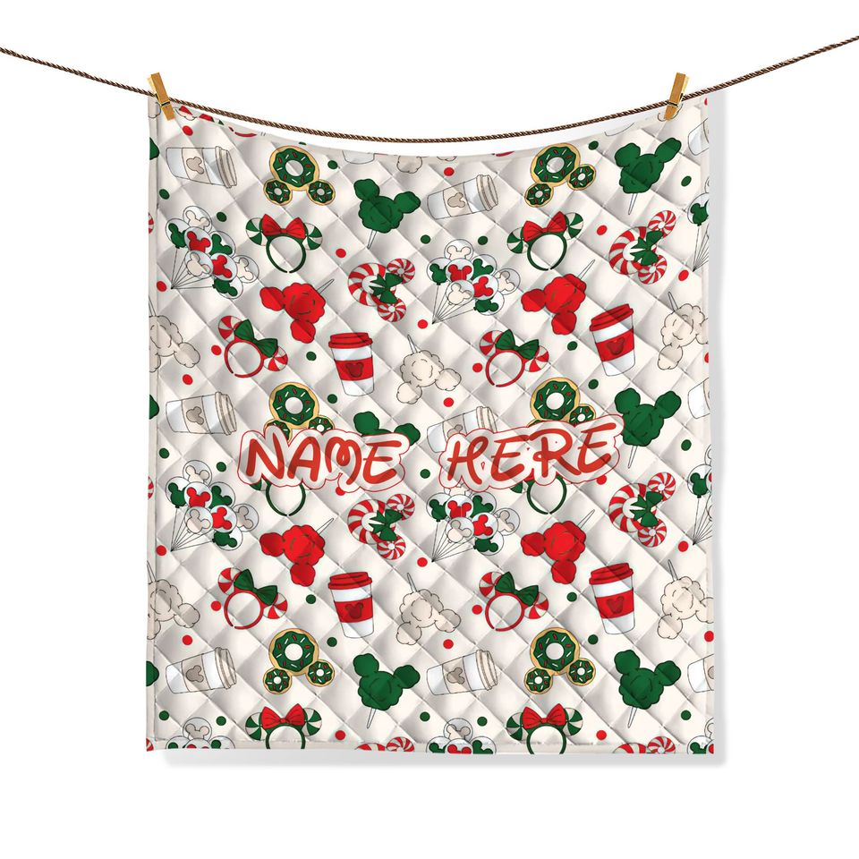 Personalized Christmas Mickey Quilt Bedding Set, Custom Name Disney