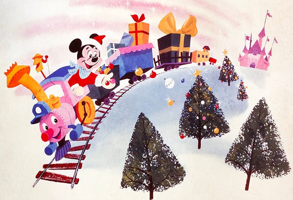 Mickey Mouse Santa Train Disney Vintage Style Christmas Poster