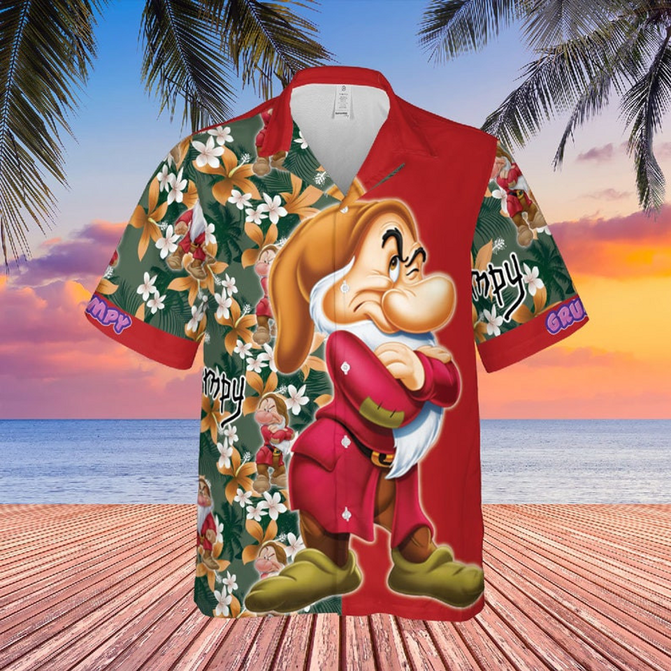 Grumpy Dwarf Snow White Disney Cartoon Graphics Floral Hawaiian Shirt
