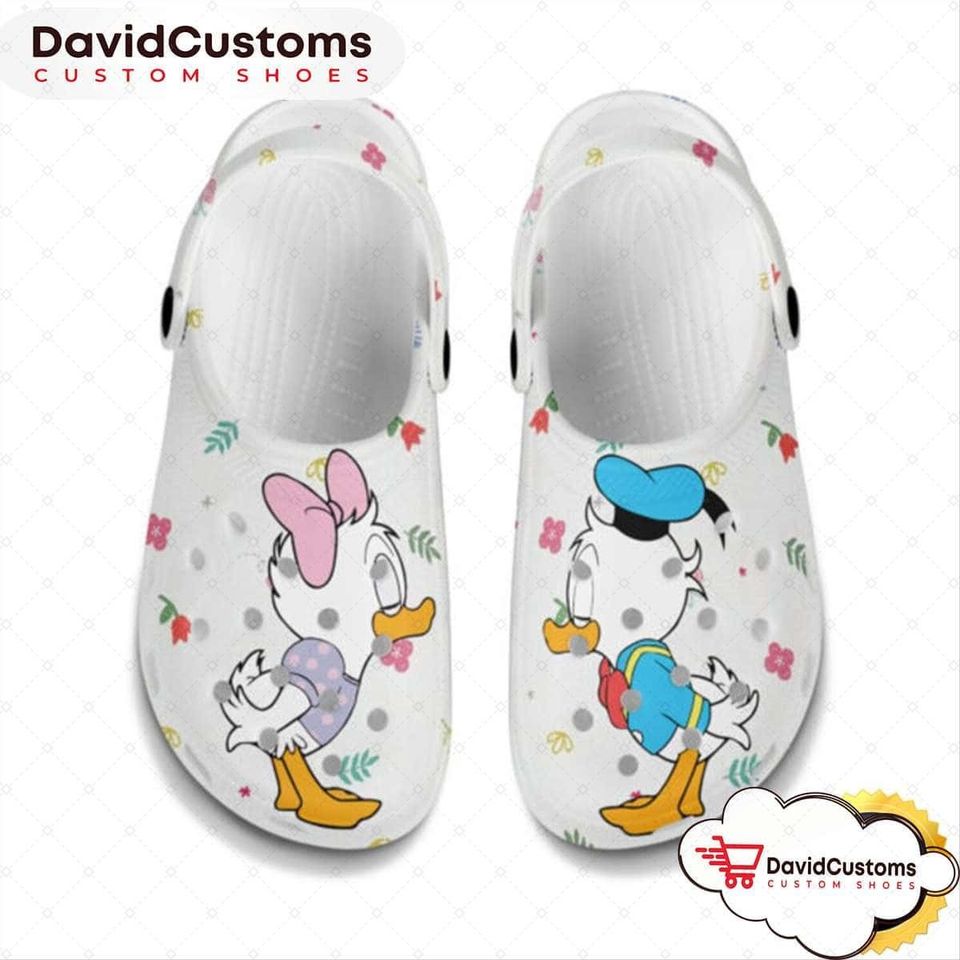 Little Donald Daisy Kissing White Pattern Disney Clogs Shoes