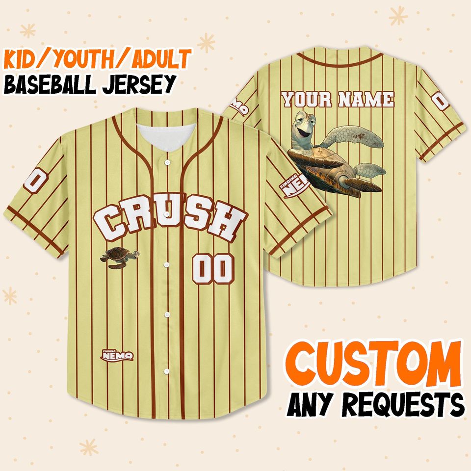 Personalize Finding Nemo Crush Sea Turtle Jersey, Disney Baseball Jersey
