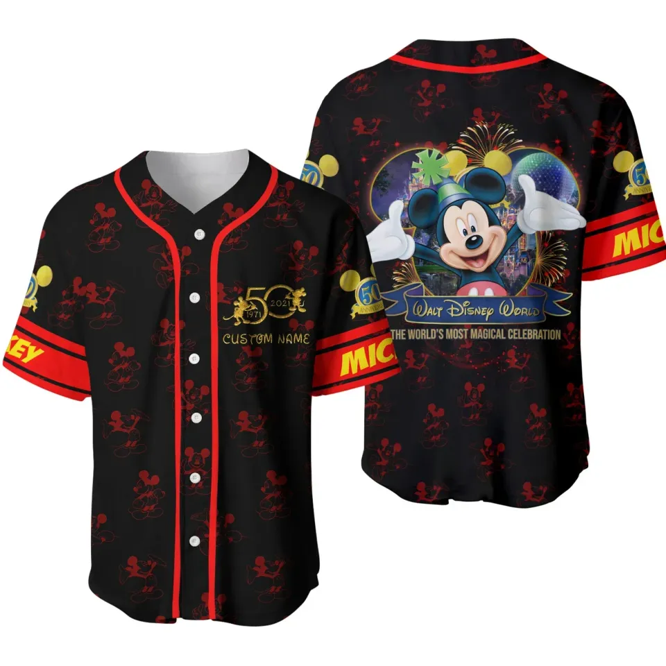 Disney 50th Anniversary Mickey Mouse Black Rainbow Baseball Jersey Custom Name Disney Hawaiian Shirt Men Women Tops