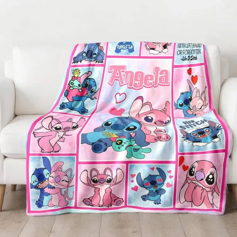 Personalized Lilo Stitch Fleece Sherpa Throw Blanket, Custom Name Disney Blanket