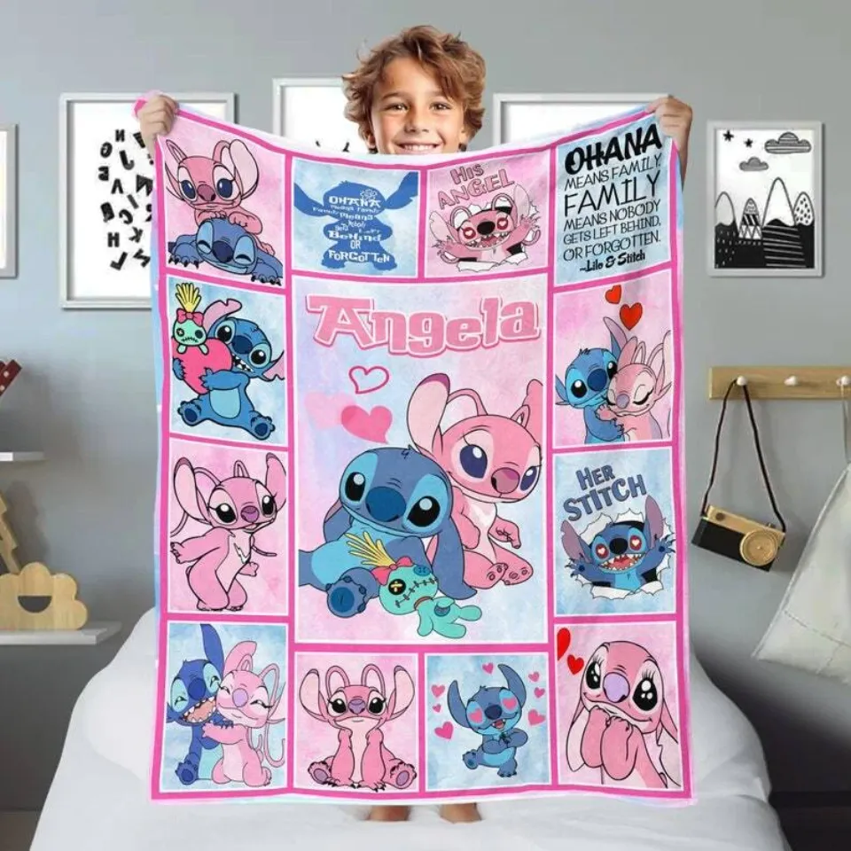 Personalized Lilo Stitch Fleece Sherpa Throw Blanket, Custom Name Disney Blanket