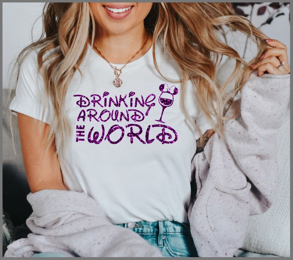 Disney Drinking Wine Around The World Glitter Shirt