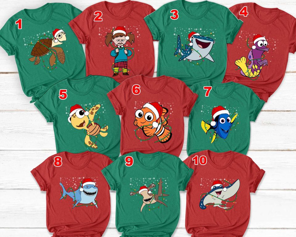 Disney Finding Nemo Characters Xmas Light Shirt, Marlin Dory Crush Bruce Matching