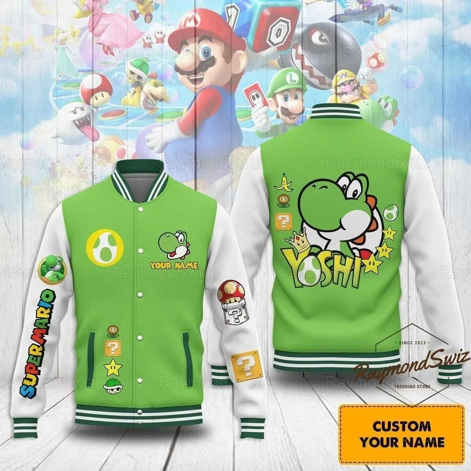 Custom Name Yoshi Baseball Jacket, Super Mario Jacket, Custom Name Jacket