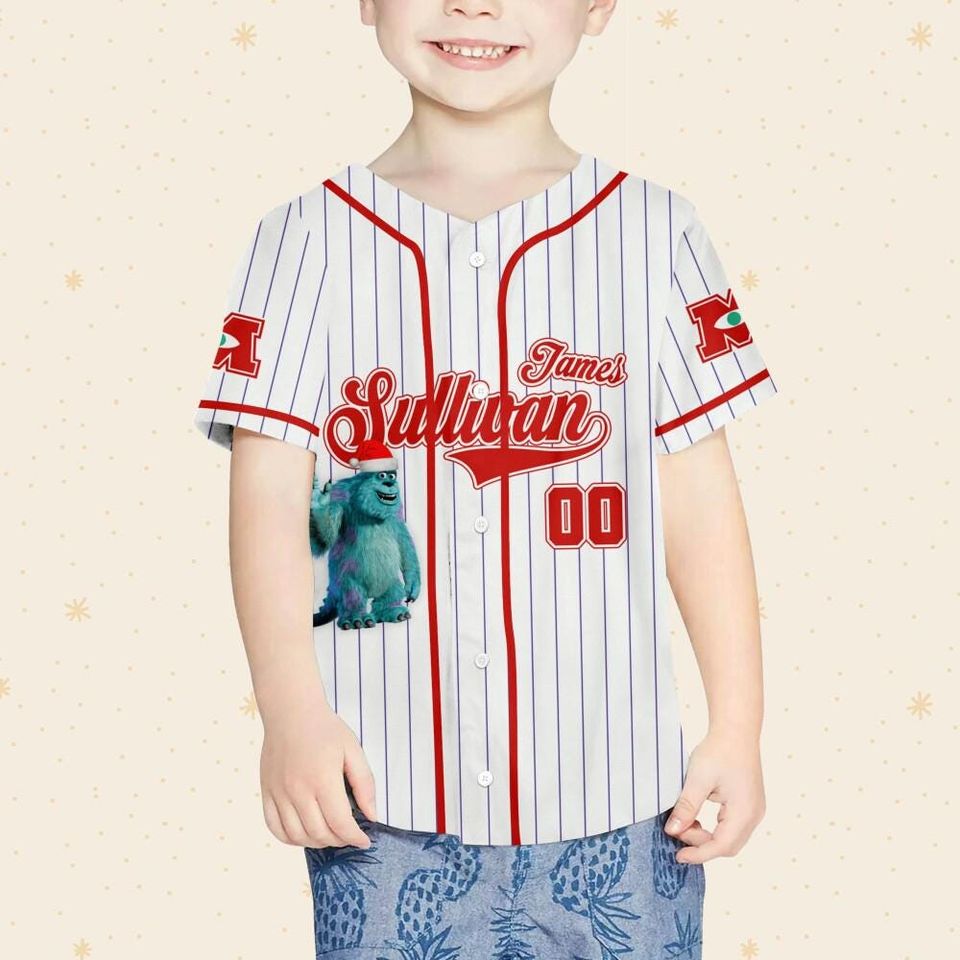 Custom Disney Monster Inc James P. Sullivan White Christmas, Personalized Baseball Jersey